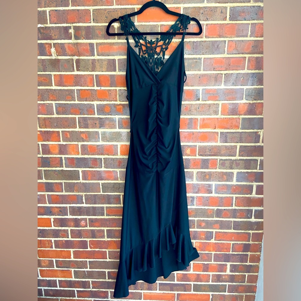 Lace-back Black Dress with Front Ruching and Asymmetrical Hem